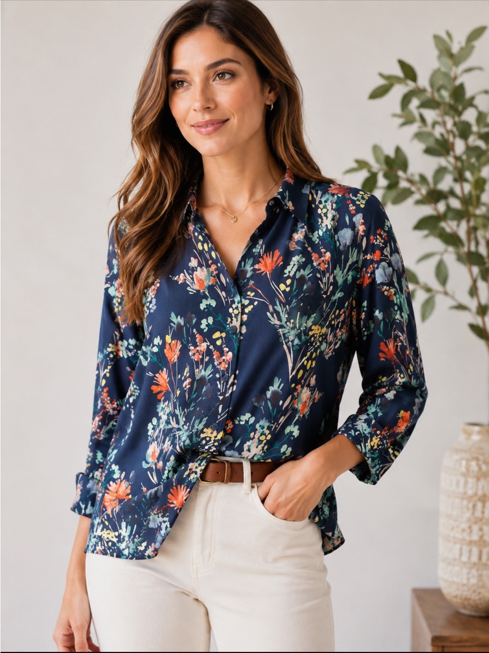 NWOT Orvis 100% Silk Floral Button Front Blouse Navy Blue Large